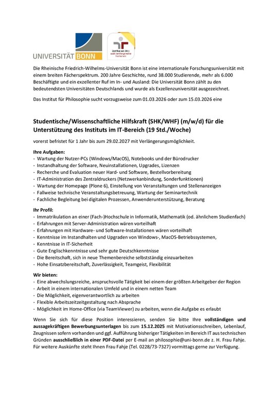 Stellenausschreibung IT-Berater (SHK-WHF) ab 01.03.2026